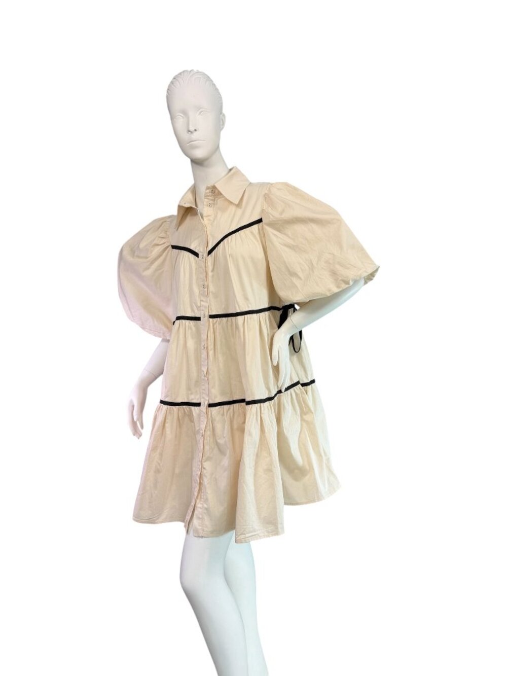 Sofie The Label Lena Baby Doll Shirt Dress Puff Sleeves Ivory & Black Size S